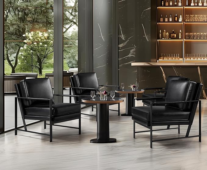 Yaheetech PU Leather Armchair, Retro Leisure Accent Chair with Extra Soft Padded and Cushion, Modern Reading Arm Chair with Black Metal Frame for Living Room/Office/Bedroom/Study Black 2 PCS