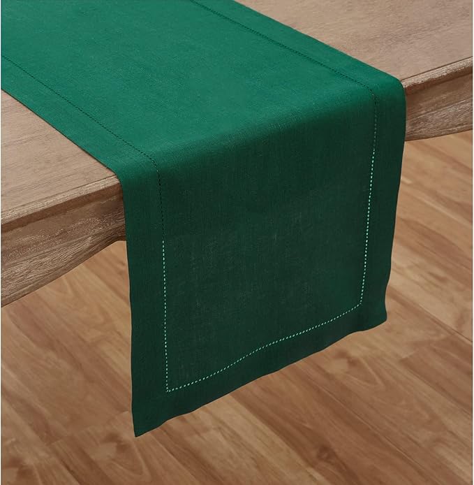 Solino Home Linen Rainforest Green Hemstitch Table Runner 36 Inches - 100% Pure Linen Small Table Runner 14 x 36 Inch Ideal for Dresser and Coffee Tables - Classic Hemstitch - Christmas, Thanksgiving