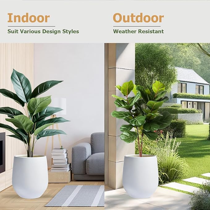 16.5" H x 15" D Corso Fiberstone Round Tapered Planter with Drainage Hole, Smooth Finishes, Weather Resistant for Indoor & Outdoor Use, Included 2 Extra Coco Mats (White, 11.5" Pot Opening)