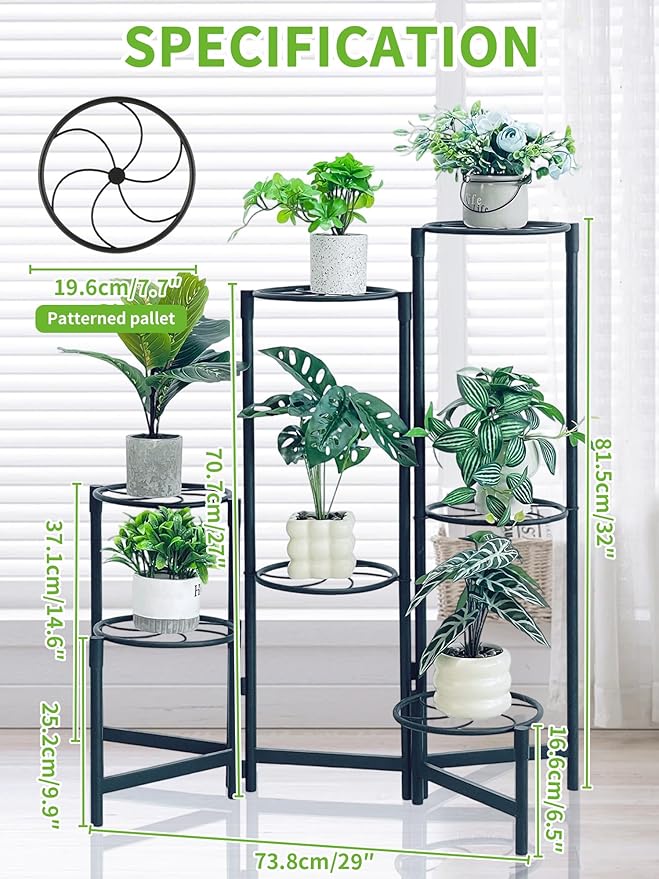 Corner Shlf Patio 7 Tier Metal Plant Stand Indoor Outdoor Tall Metal Flower Pot Stands for Multiple Plants Heavy Duty Plant Shelf Black Kite
