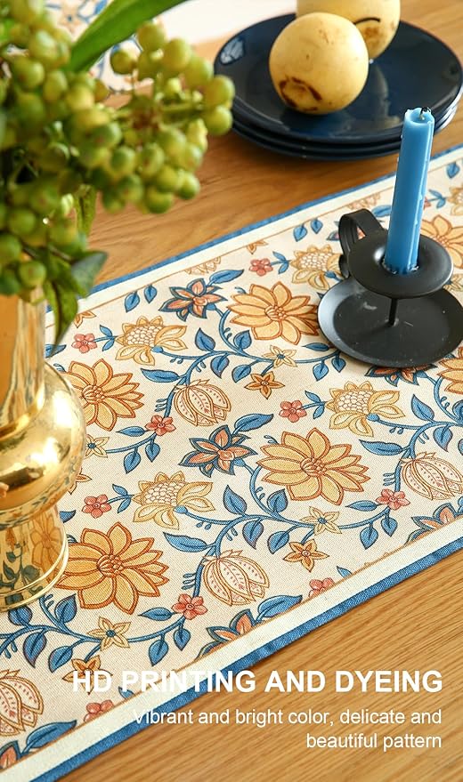 Designer Bohemian Elegant Linen Table Runner 87 Inches Long,Floral Pattern Duable Decor Table Runners for Dining Tables,Thanksgiving,Kitchen Tables,Christmas,12"*87"-Estevan B