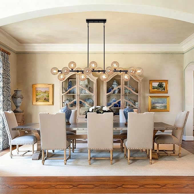Large Dining Room Light Fixture, 55" Modern Linear Sputnik Chandeliers with Amber Sirled Glass Globe Bubble Farmhouse Chandeliers for Dining Room 16 Lights Island Light for Kitchen