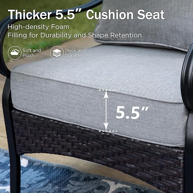 PHI VILLA Outdoor Modern Patio Furniture Set, Upgraded Wicker&Metal Patio Furniture Conversation Set with Waterproof Thick Cushions for Porch, Poolside, Deck, and Yard (4 Pieces,Grey)