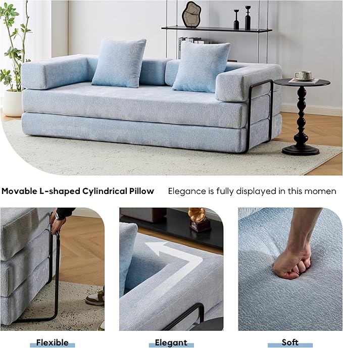 Convertible Folding Mattress Couch, Floor Sofa Bed with Fixed-Shape Frame, Corduroy Floor Sofa with Armrest, Floor Sofa Lounge Couch for Living Room Bedroom Lounge Studio-Light Sky Blue