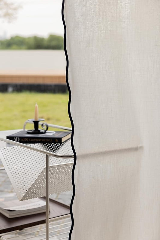 Linen Blend Scalloped/Wavy Trim, Ripple Fold Curtains for Living Room, Bedroom, Home Office, Kids Room & Dining - Light Filtering Curtains - Set of 2 - Navy, (50" W x 96" L)