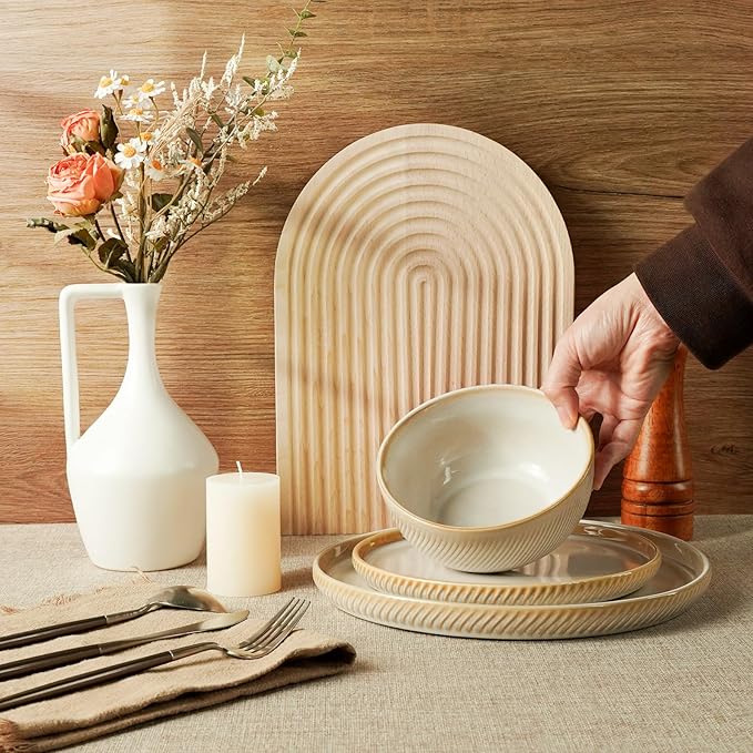 Earthsong Dinnerware Sets for 8, 24-Piece Ceramic Plates and Bowls Set, Dishwasher and Microwave Safe Stoneware Dishes Set, Ribbed, Sculpted Dune