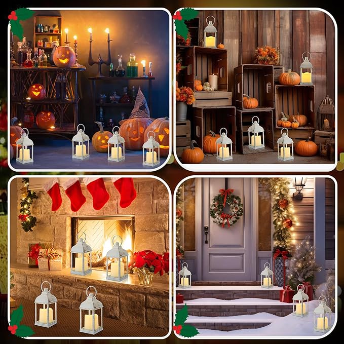 12 Set 10 Inch White Decorative Candle Lanterns Bulk Lanterns Centerpiece with LED Flameless Candle Indoor Outdoor Battery Powered Hanging Lights for Wedding Halloween Thanksgiving Christmas