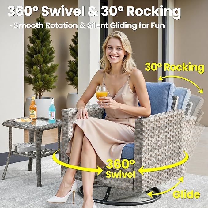 ovios 9 Pieces Patio Furniture Set, Outdoor Wicker Sectional Sofa with 42" Fire Pit Table Swivel Chair, Modern Modular Deep Seat Rattan Couch Conversation Sets, Denim Blue