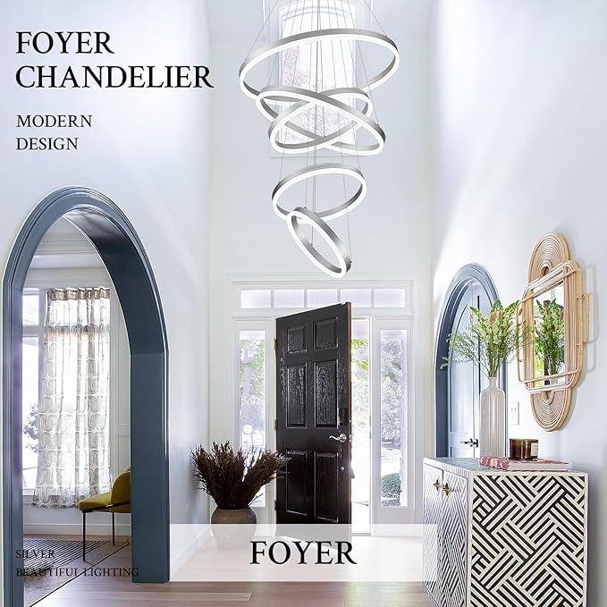 Modern LED Chandelier for Foyer Dimmable Silver High Ceiling Chandeliers Foyer with Remote Control for Entryway Dining Room Living Room Staircase, 3000K-6500K(5-Rings D23.6’’)