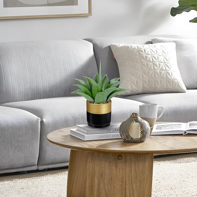 Briful Artificial Agave Plant in Black and Gold Metal Pot, 13 Inch Tall Fake Succulent Potted Plants with Wide Gray-Green Leaves, Faux Houseplant for Modern Home Office Shelf Decor
