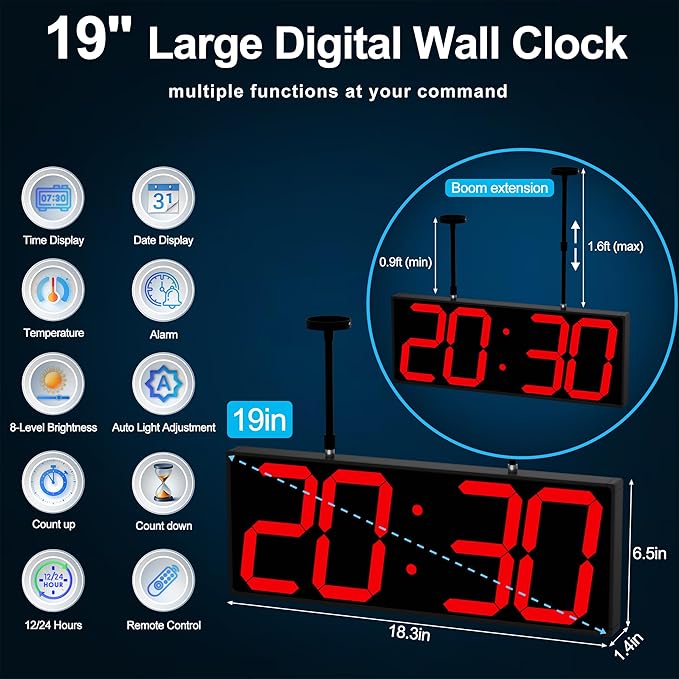 Digital Clock Large Display 19" with Remote Control,Double-Sided Clock, Suspended Design for Hospitals, Factories, Airports.