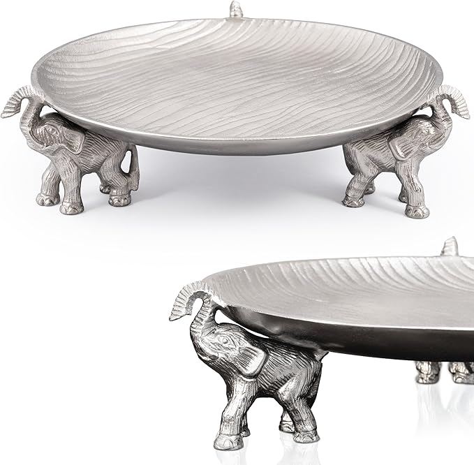 Round Decorative Tray with Elephant Stands, Silvery – Tray for Coffee Table, Home Decor, Centerpiece, Serving Platter & More – Circular Tray with Symbolic Elephants