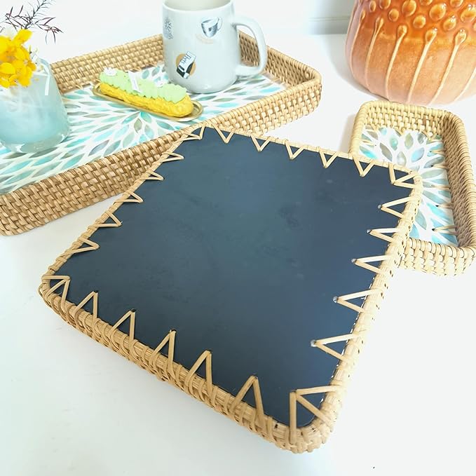 i-lan Set of 3 Rectangular Rattan and Mother of Pearl Serving Tray,Rectangule Natural Rattan Woven Trays,Natural Wicker Decorative Serving Baskets for Entryway Kitchen Bathroom Counter,Blue MOP Tray