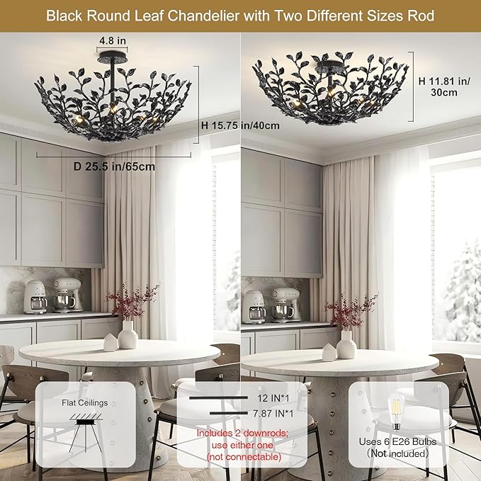 Black Tree Branch Semi Flush Mount Ceiling Light, 6-Light Chandeliers Ceiling Lighting, 25.5" Metal Modern Farmhouse Chandeliers for Kitchen Entryway Living Room Bedroom Foyer Hallway