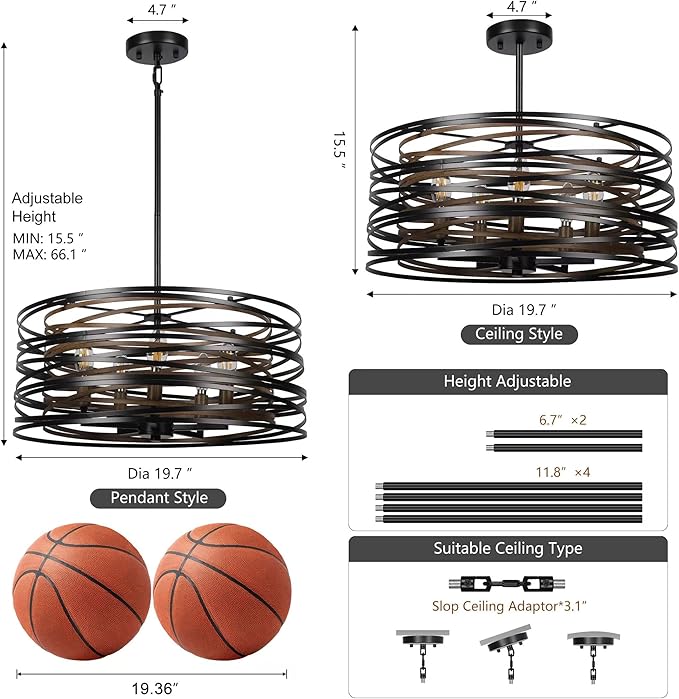 5-Light Drum Chandelier for Dining Room，19.7" Rustic Farmhouse Dining Room Light Fixture，Wood Grain and Vintage Black Metal Chandeliers for Kitchen Entryway Living Room