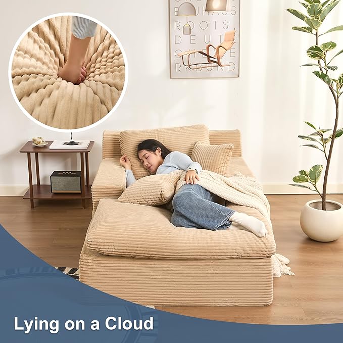 63" Oversized Chaise Lounge Chair Indoor, Extra Cloud Layer, Convertible Sleeper Sofa Couch with Removable Pillows & Side Pockets, Corduroy Upholstered Sofa Bed with Armrests for Living Room, Camel