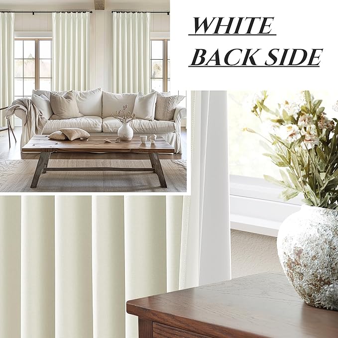 Cream White Viral Blackout Canvas Curtains 100 Inches Long 2 Panels Set for Bedroom, Neutral Pinch Pleated Linen Heavy Thermal Curtains for Winter Room Darkening Insulated Window Drapes 40x100 Inch