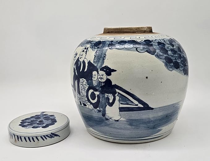 Festcool Antique Style Blue and White Porcelain Scholars Figure Ceramic Covered Jar Vase, China Ming Style, Jingdezhen (J1)