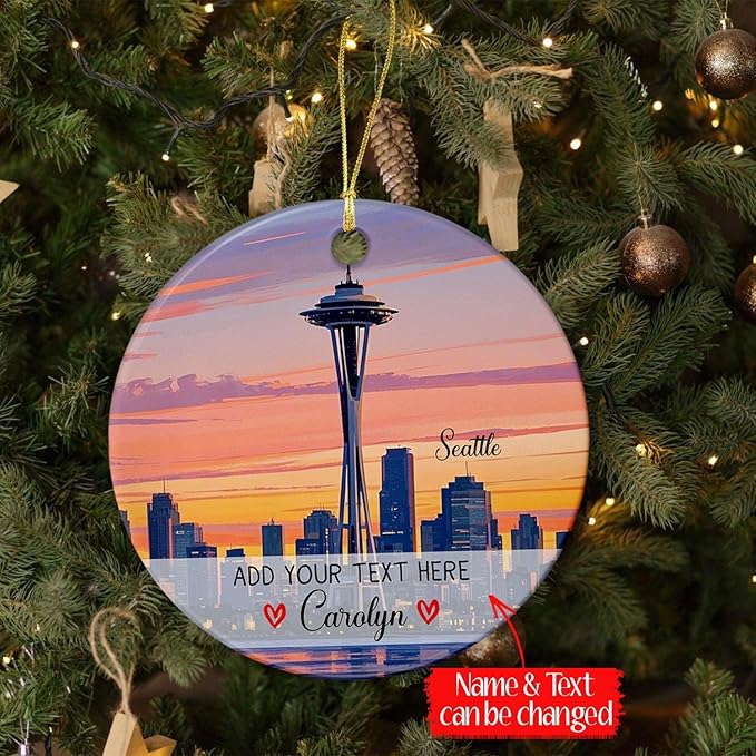 Personalized Seattle Washington City Skyline Ceramic Christmas Ornament, Seattle Space Needle Christmas Tree Ornament 2025, Custom Text/Name Washington State Landscape Xmas Keepsake Ornaments Gift