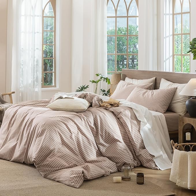 MooMee Striped Duvet Cover Set 100% Washed Cotton Linen Like Textured Breathable Durable Soft Comfy (Orange White Wide Stripes, Cal King 104"x98")