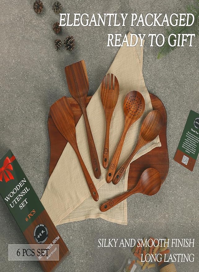 100% Natural Teak Wood Wooden Utensil Set – Non-Stick & Heat Resistant – 6 Pcs Durable Kitchen Spoons for Cooking, Eco-Friendly & Comfortable Grip