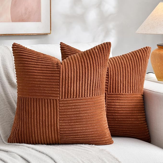 Fancy Homi 2 Packs Rust Euro Decorative Throw Pillow Covers 28x28 Inch for Bedroom Bed, Farmhouse Boho Home Decor, Soft Corss Corduroy Patchwork Textured Square Terracotta Cushion Case 71x71 cm