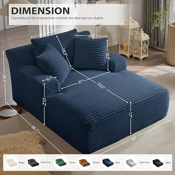 Oversized Chaise Lounge Chair Indoor, Corduroy Sofa Bed with Throw Pillows, Cozy Cloud Couch, Upholstered Sleeper Sofa Couch for Living Room, Bedroom, Apartment, Blue