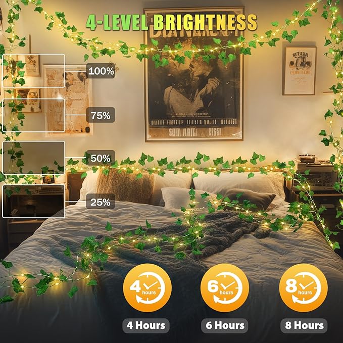 OMIKA Solar Fairy Lights with Vine, 66FT 200LED Solar String Lights & USB Outdoor Waterproof with Ivy, 19 Modes Vines with Light for Balcony Camping Outside Garden Yard Fence Wedding (Warm White)