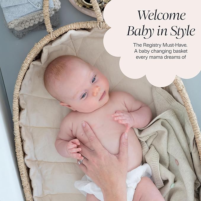 BEBE BASK Premium Baby Changing Basket - Artisan-Crafted Seagrass With Extra High Sides - Changing Basket for Baby Dresser - All Accessories Included - Complete Set for Nursery (Natural)