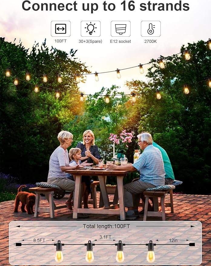 Svater Outdoor String 100 FT, Patio for Outside with Shatterproof S14 Bulbs, Waterproof LED Hanging Lights for Cafe Backyard Bistro Party, Warm White