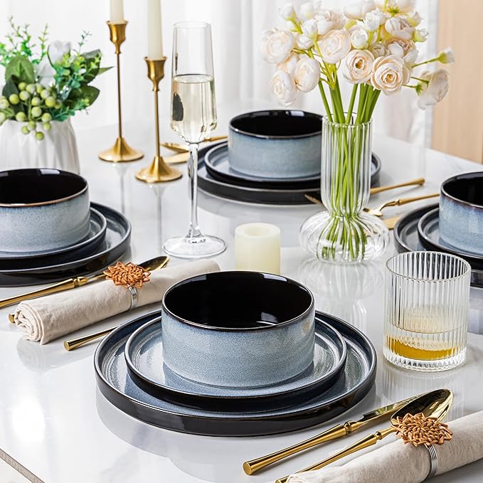 LERATIO Ceramic Dinnerware Sets for 4,Round Reactive Glaze Ceramic Plates and Bowls Set,Highly Chip and Crack Resistant | Dishwasher & Microwave Safe Dishes Set,Service for 4 (12pc)-Gray White