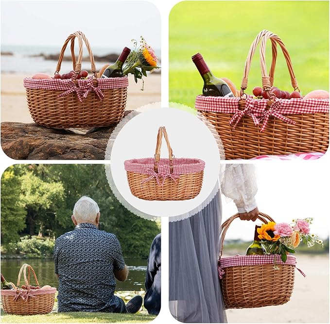 G GOOD GAIN Wicker Picnic Basket with Double Folding Handles,Willow Picnic Hamper,Natural Hand Woven Easter Basket,Easter Eggs and Candy Basket,Bath Toy and Kids Toy Storage,Gift Packing Basket.Red