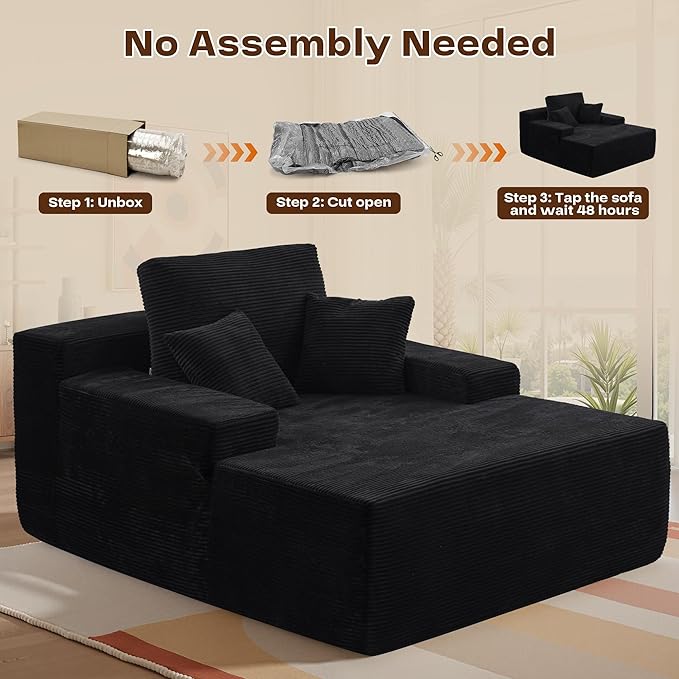 Chaise Lounge Chair Indoor, Oversized Sleeping Couch 67" L * 48.5" W Assembly Free Modern Minimalist Sofa, Extra Deep Large Single Seat Sofa for Living Room (Black Corduroy Fabric)