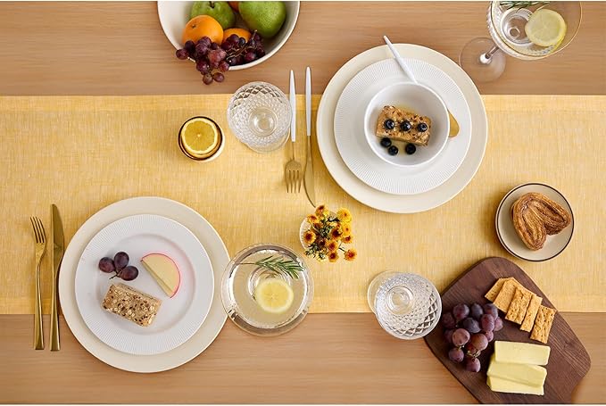 Solino Home Linen Small Table Runner 60 Inches - Athena, 100% Pure Linen Chambray Mustard Yellow Table Runner 14 x 60 Inch Ideal for Dresser and Coffee Tables