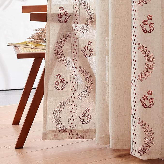 jinchan Belrose Linen Curtains for Bedroom Floral Curtains 96 Inch Length Linen Blend Burgundy Red Embroidered Drapes Farmhouse Flower Patterned Drapes for Living Room Window Treatments Set 2 Panels