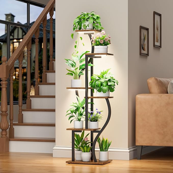 JUSTOGO 53'' Plant Stand Indoor with Grow Lights - 6 Tiered Metal Plant Shelf for Multiple Plants, Corner Rack and Home Decor, Flower Display Rack for Garden, Patio, Living Room