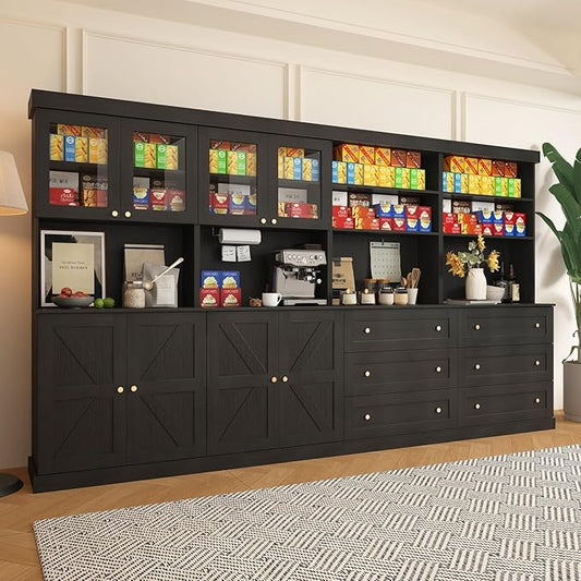 71" Tall Farmhouse Kitchen Pantry, Large Storage Cabinet with Glass Doors and Drawers, Freestanding Coffee Bar Hutch with Microwave Stand, Adjustable Shelves for Kitchen, Living Room, Black 4 Pcs