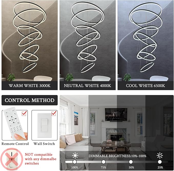 7-Rings D31.5’’ Modern LED Chandelier Black Dimmable High Ceiling Chandeliers Foyer with Remote Control for Staircase Entryway Dining Room Living Room, 3000K-6500K