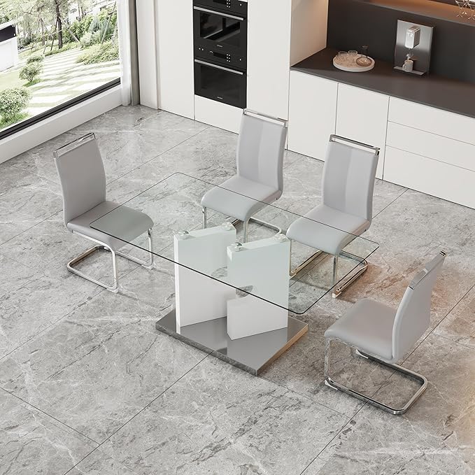 Glass Dining Table Set of 4, 63" Dinner Room Glass Table Set for 4, Modern Kitchen Dinner Table Set with 4 Upholstered Faux Leather Dining Chairs for Living Dining Office Room