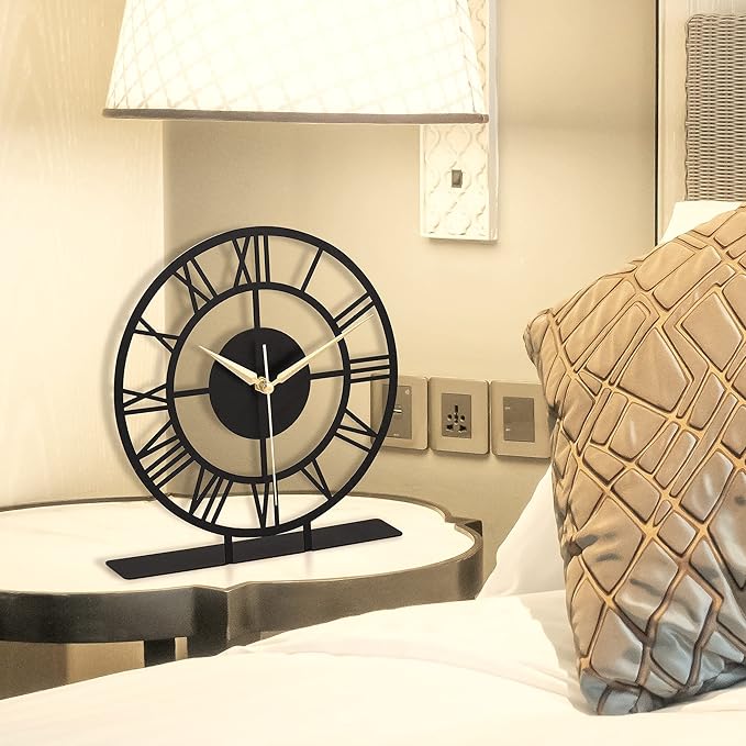 8.9x9.5 Metal Desk Clock, Black Round Silent Non-Ticking Analog Table Clock, Battery Operated, Decorative Desk and Shelf Clock, Desk Clocks for Living Room Bedroom Kitchen Office School