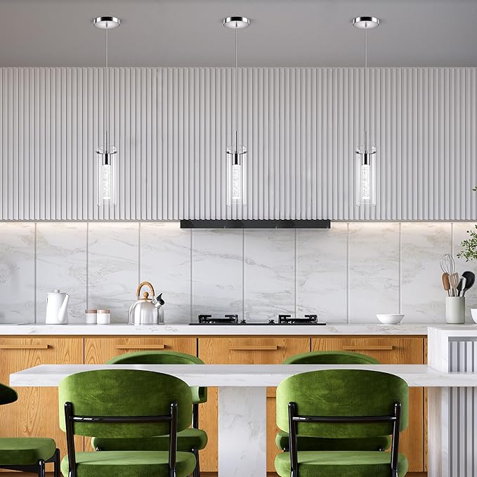 Pendant Ceiling Light Fixture, LED Kitchen Lighting Crystal Pendant Lights Kitchen Island, 1-Light Integrated Kitchen Hanging Light Fixture Modern Island Light with Bubble Glass Three Pack