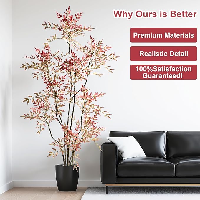 7.2ft Faux Bamboo Tree Artificial Nandina Tree Artificial Indoor Plants Realistic Fake Potted Tree with 800+ Leaves, Cement Planter - Home Office Decor Perfect for Housewarming Gift Non-Toxic