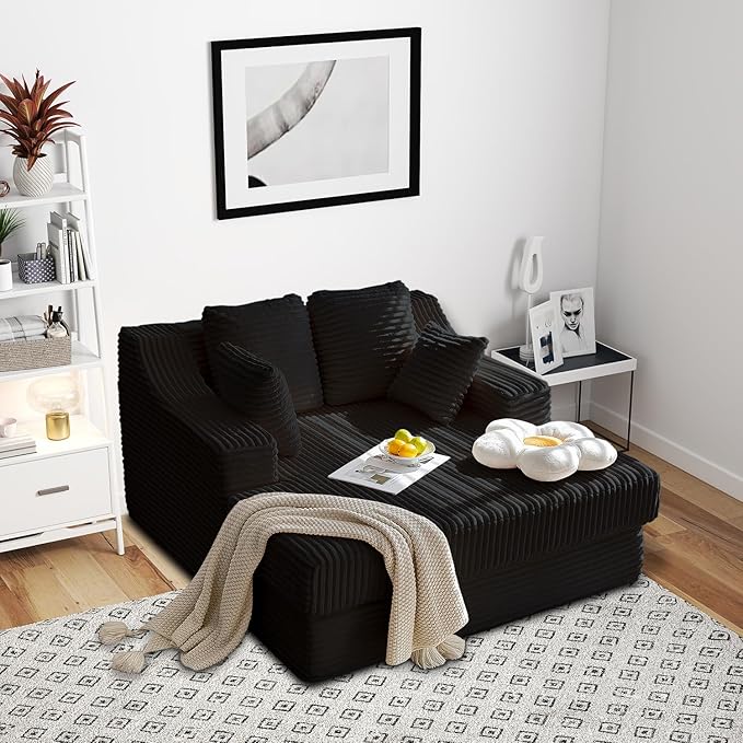 55 Inch Chaise Lounge Indoor - Oversized Chaise Lounge with 4 Throw Pillows and Armrets, Upholstered Plush Sofa Bed, Corduroy Lazy Chair Bed, Sleeper Chair for Living Room or Bedroom, Black