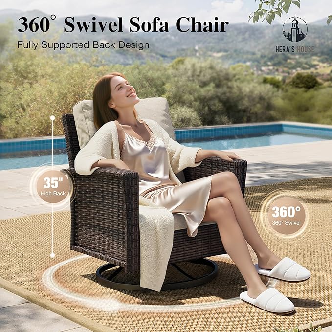 Luxury Patio Furniture Set with 5.5" Thick Cushion, Outdoor Wicker Conversation Set, 4 x High Back Swivel Patio Chairs with Tempered Glass Table, Waterproof 3-Seat Sofa for Deck Lawn Deck Yard, Beige