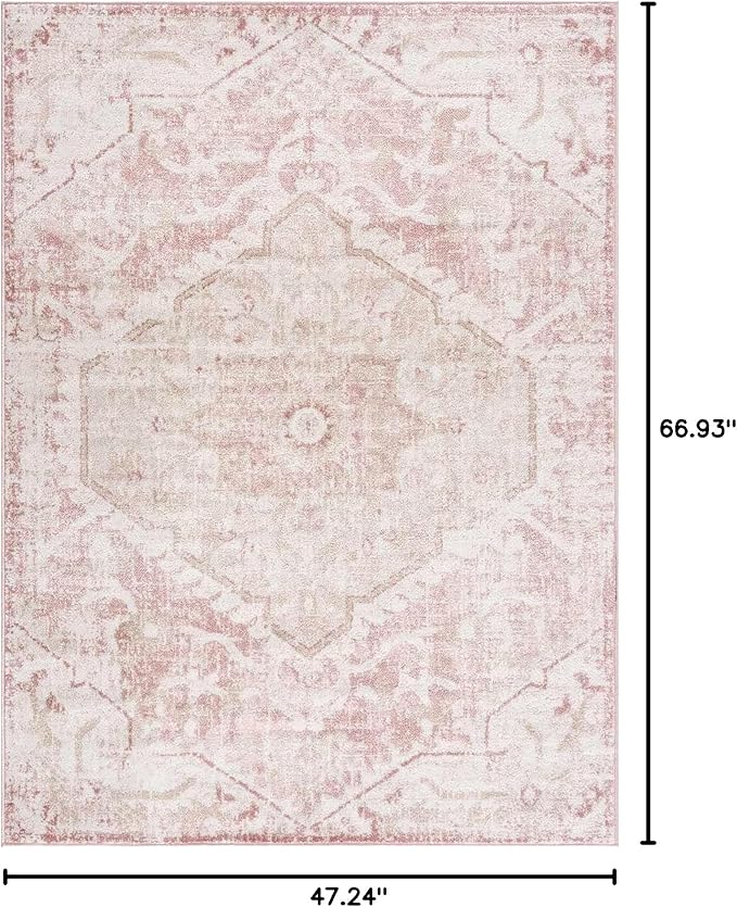 Blush & Light Pink Collection Leonora Bohemian Oriental Medallion Area Rug - Traditional Floral Carpet for Living Room, Bedroom - Blush, Pale Pink, Cream - 3'11" x 5'7"