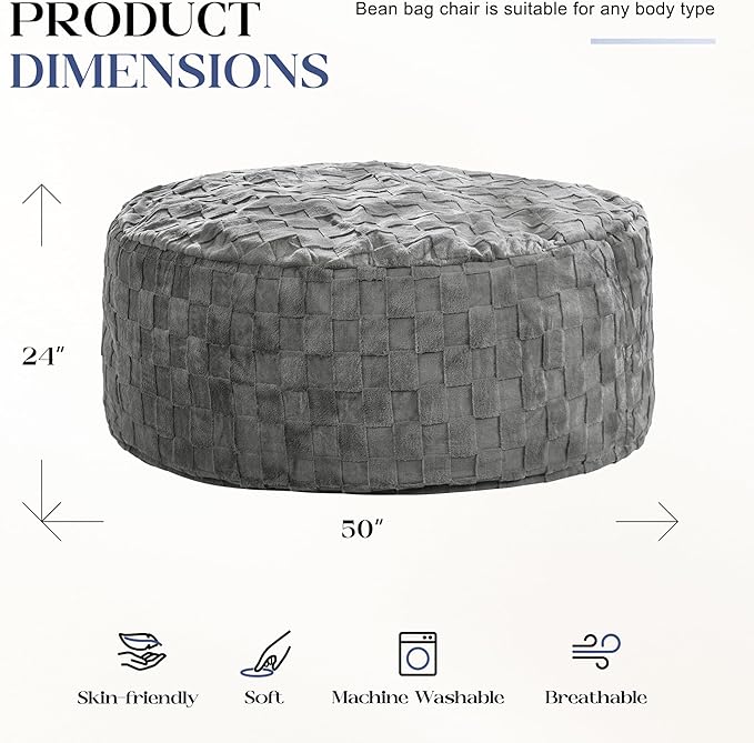 Hobestluk Bean Bag Chairs Beanbag Chair with Filler Adult Bean Bags with Fluffy Plaid Cover, Giant Bean Bag Chairs for Adults for Living Room, Bedroom (Grey, 5FT - 50” x 50” x 24”)