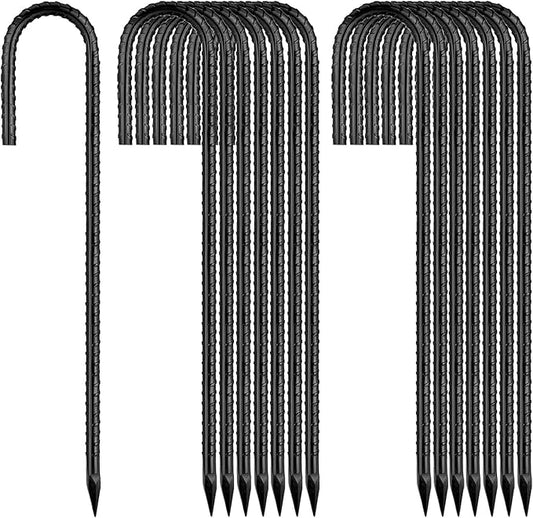 Ground-Stakes-Heavy-Duty-12 inch, J-Hook Rebar Stakes Black Coated Anti-Rust 16pcs Garden Stakes Metal Ground Anchors for Garden Dog Fence Chicken Coop Christmas Decorations Deer Fence
