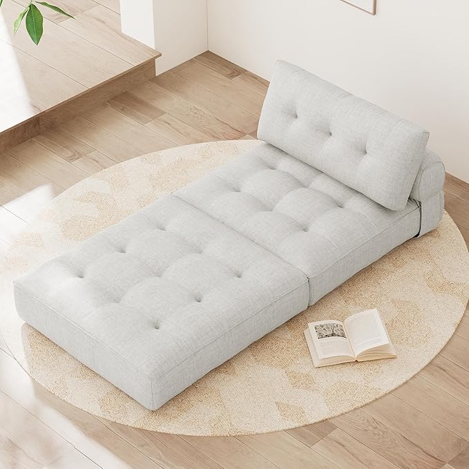 KINGYES Folding Sofa Bed, Convertible Sleeper Chair with Pillow, Foldable Single Futon Chair Floor Sofa Lounge for Living Room, Beige