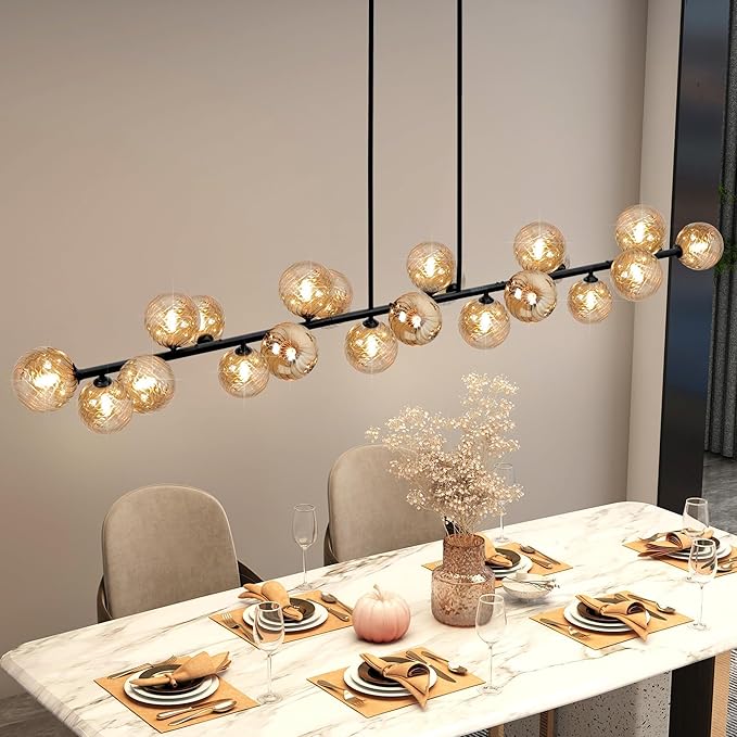 Modern Linear Chandelier 22-Lights Linear Sputnik Chandelier with Amber Striped Glass Shade 70 Inch Long Chandeliers for Dining Room, Living Room, Kitchen Island, Farmhouse