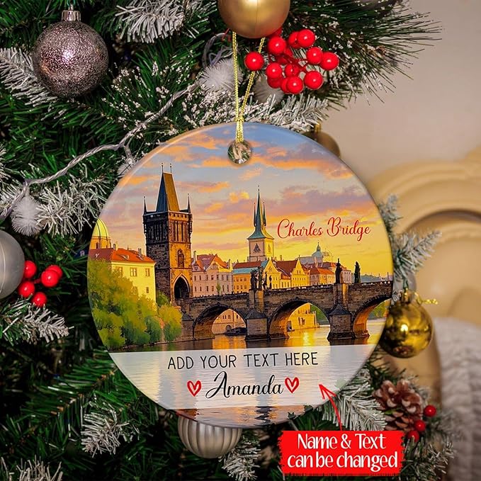 Personalized Charles Bridge Praha Ceramic Christmas Ornament 2025, Personalized Czech Republic Vacations Keepsake Ornament Gift for Traveller Friends, Custom Text/Name Praha Czech Trip Ornaments Xmas